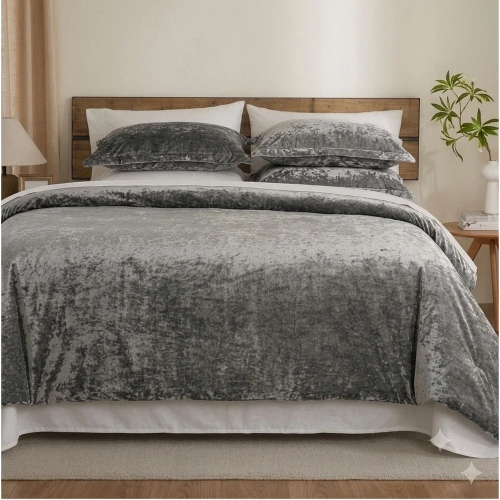 Luxury Velvet Comforter Set  9 pcs Cool Grey & Egyptian Cotton Sheet Set King